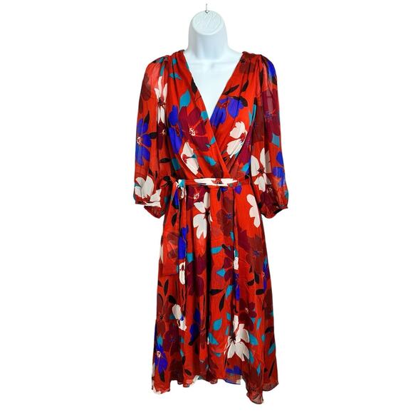 Chaps Floral Wrap Midi Dress Sz 8 Lined 3/4 Sleeve Colorful Belt V-Neck - Picture 6 of 8